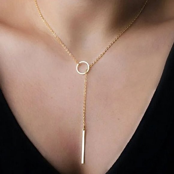 Rockabit Jewelry - Lariat Dainty Long Thin Chain Simple Circle Bar Y Drop Necklace Gold A0119